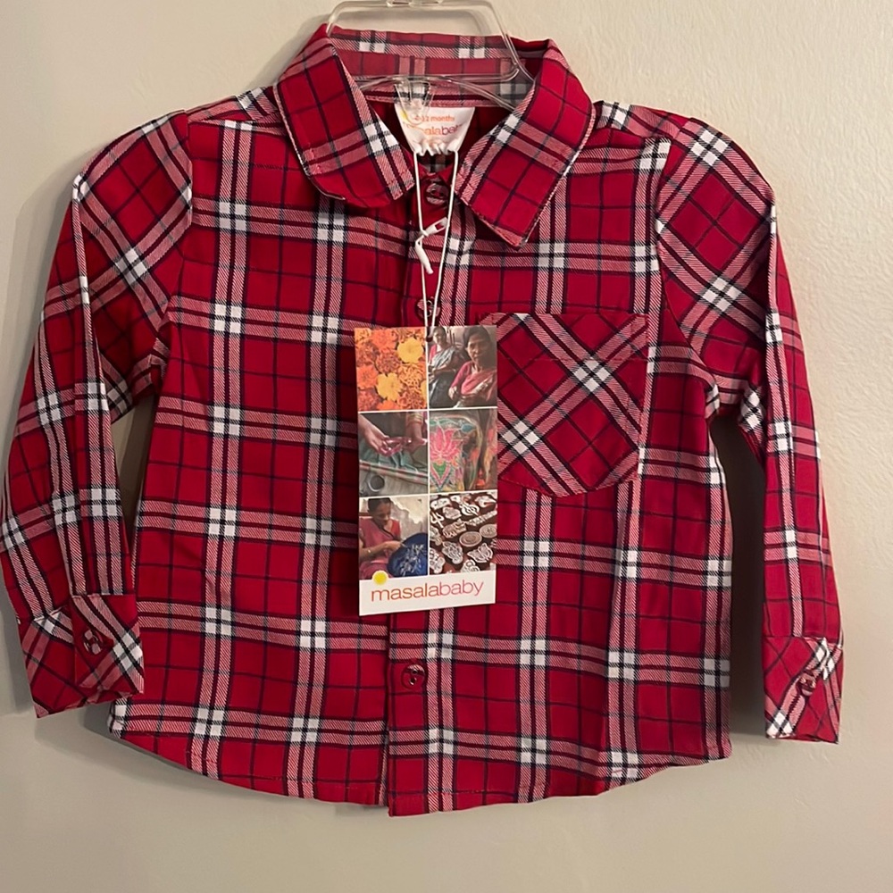 Masala baby size 6-12mos, Mason tartan red check shirt. 100% cotton.